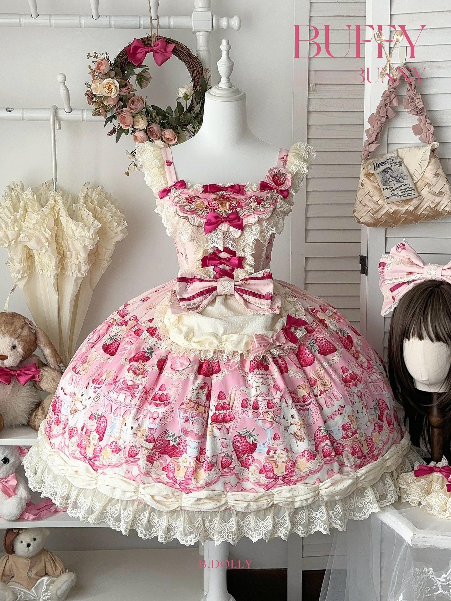 Bavarois Dessert Bunny - Sweet Lolita Strawberry Print JSK Dress 45546:855050
