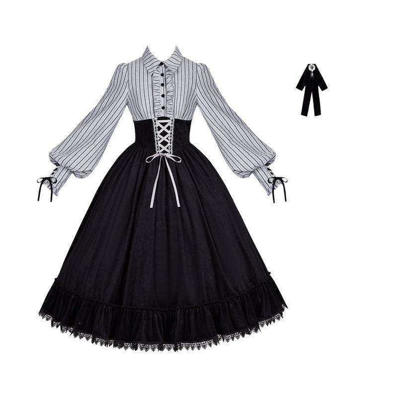 Dusk Moment - Classic Lolita Striped OP & Mermaid Dress Set, Fishbone Waist (L M S) 44498:810760