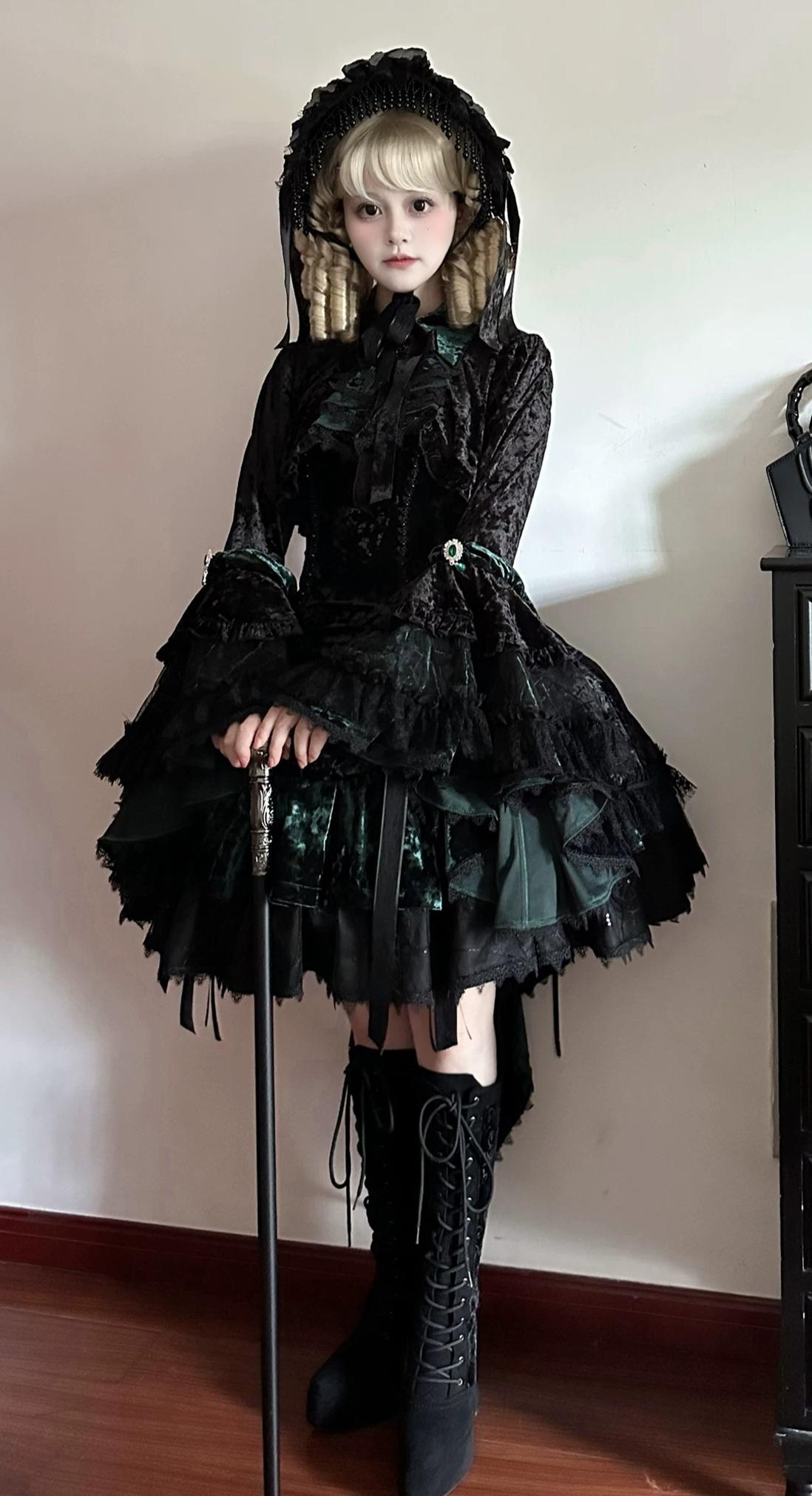 Dark Raven Poem - Gothic Lolita JSK & Bolero Dress Set, Diamond Velvet 45967:869804