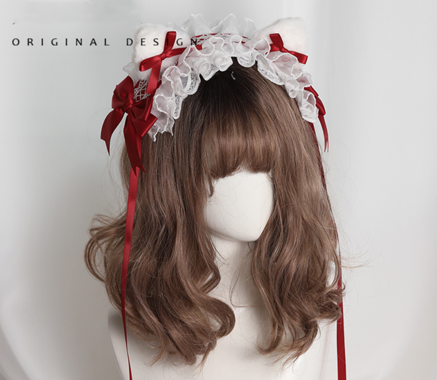 Their Past Decorations - Sweet Lolita Cat Ear Hairband wine red hair band+cat ears