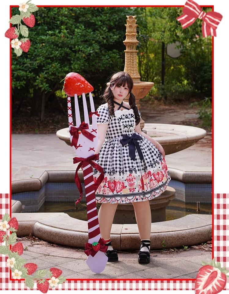 Chubby Cat Diary - Gingham Strawberry - Plus Size Country Lolita OP Dress