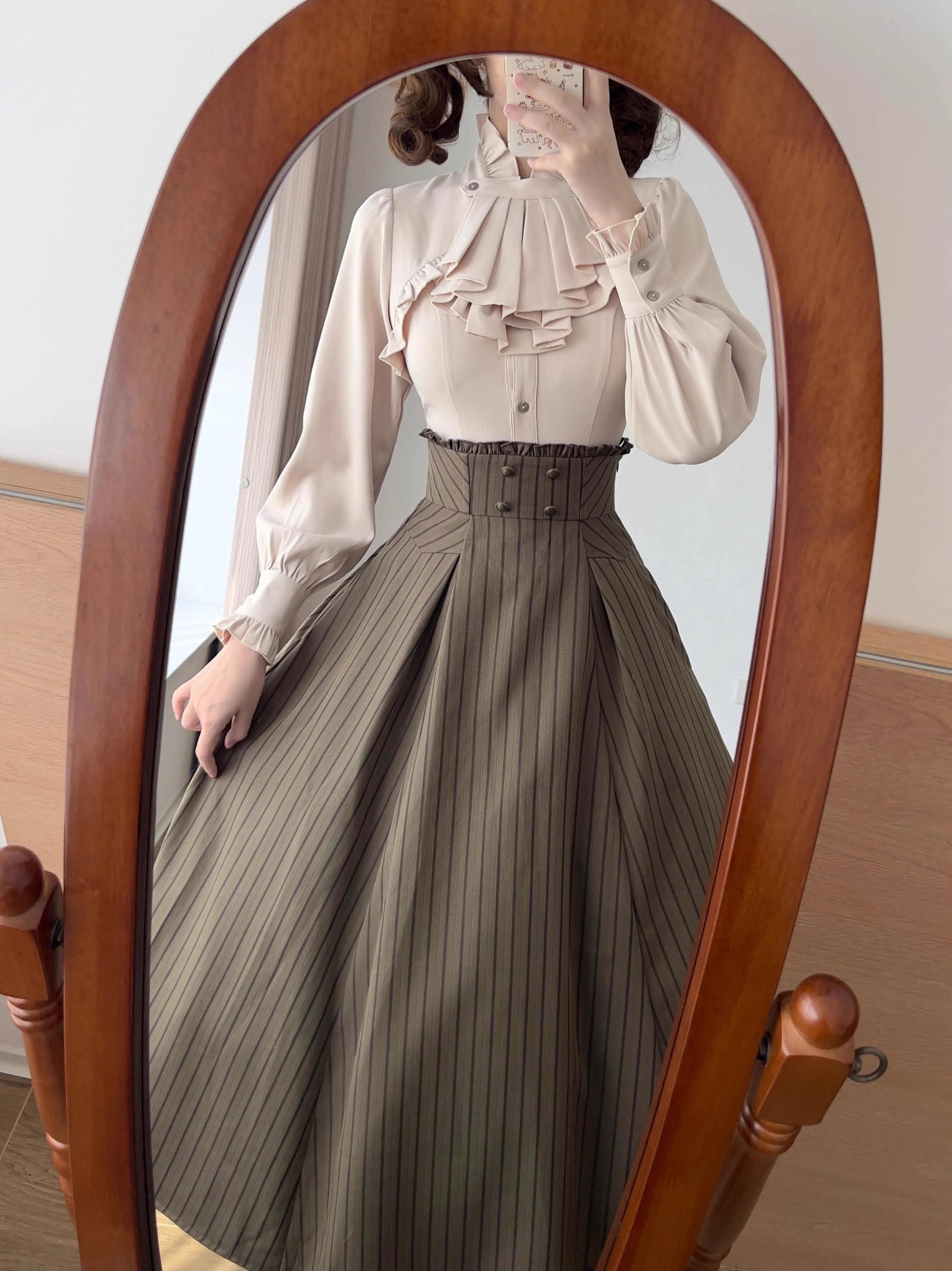 Forest Log - Classic Lolita Fishbone Striped Skirt, Side Pockets