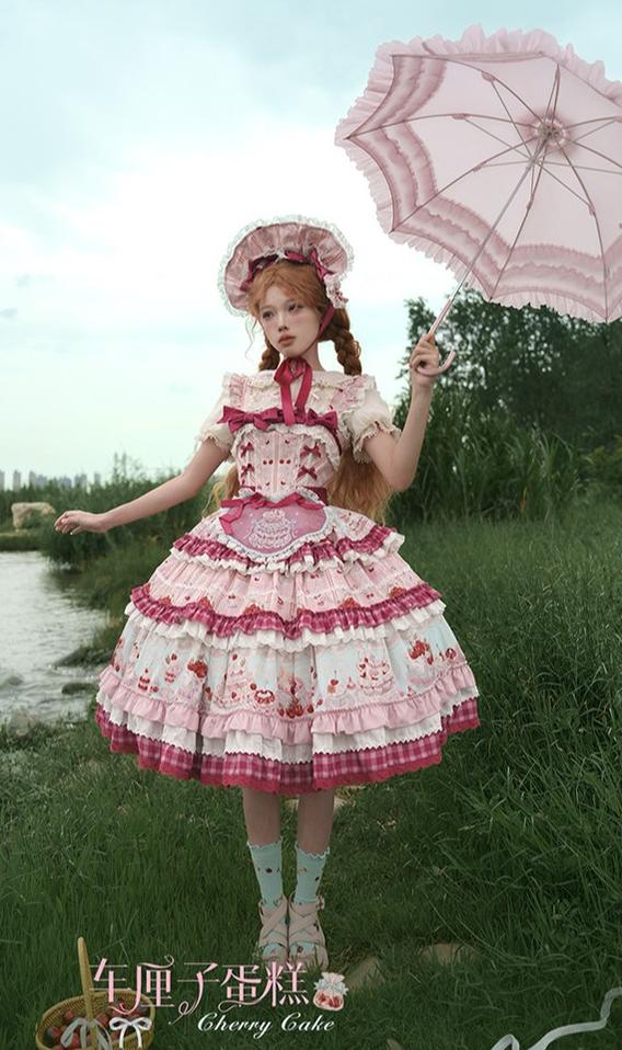 Cherry Cake - Printed Sweet Lolita JSK Dress, Embroidered Apron 44904:827172