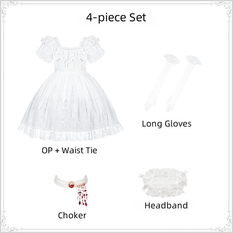 With PUJI - Dawn's Last Light - Castle Printed White Gothic Lolita OP, Two Length Styles Short OP 4-piece Set S