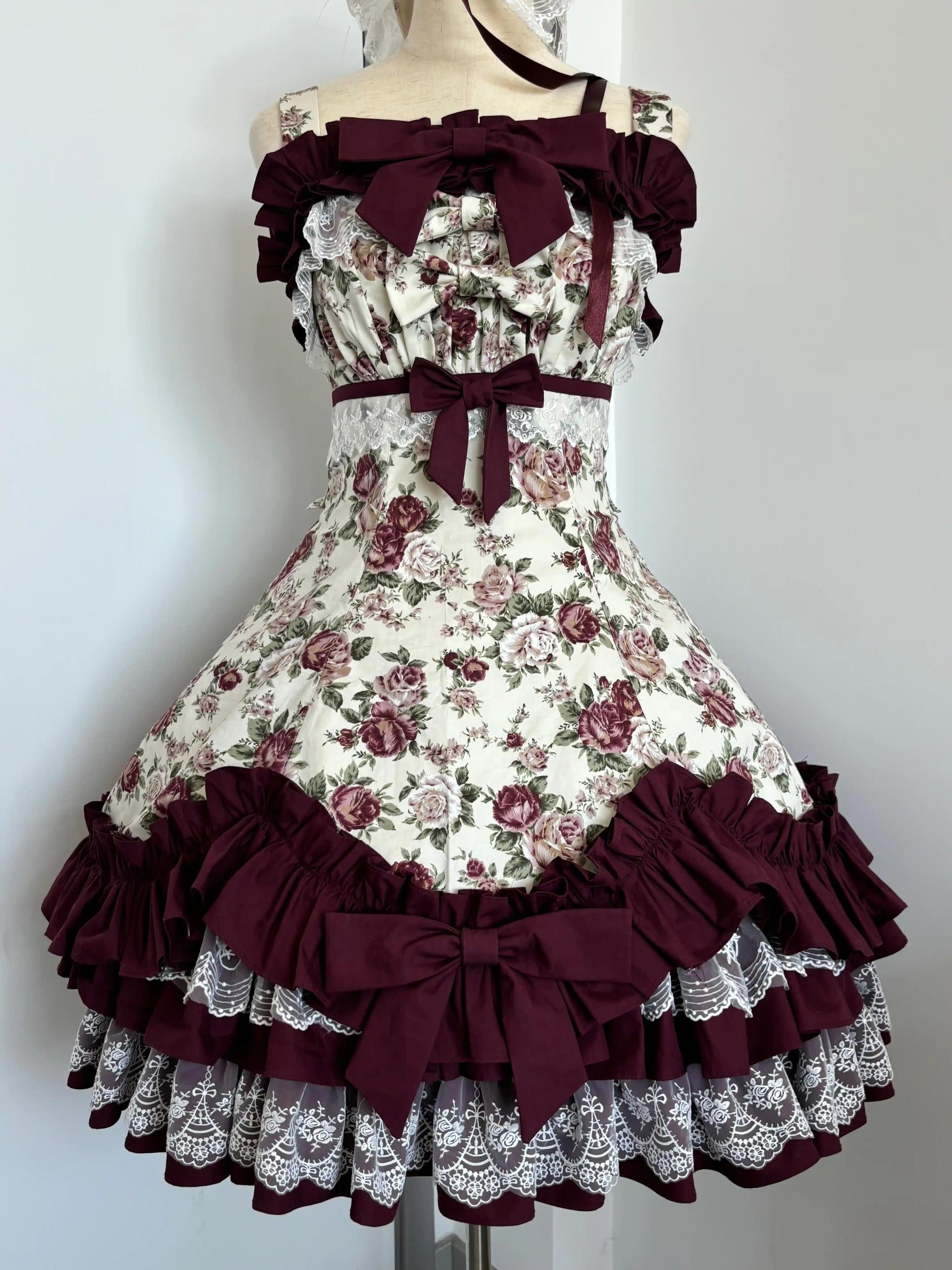 Burgundy Rose - Floral Printed Old School Lolita JSK, Elegant Cape
