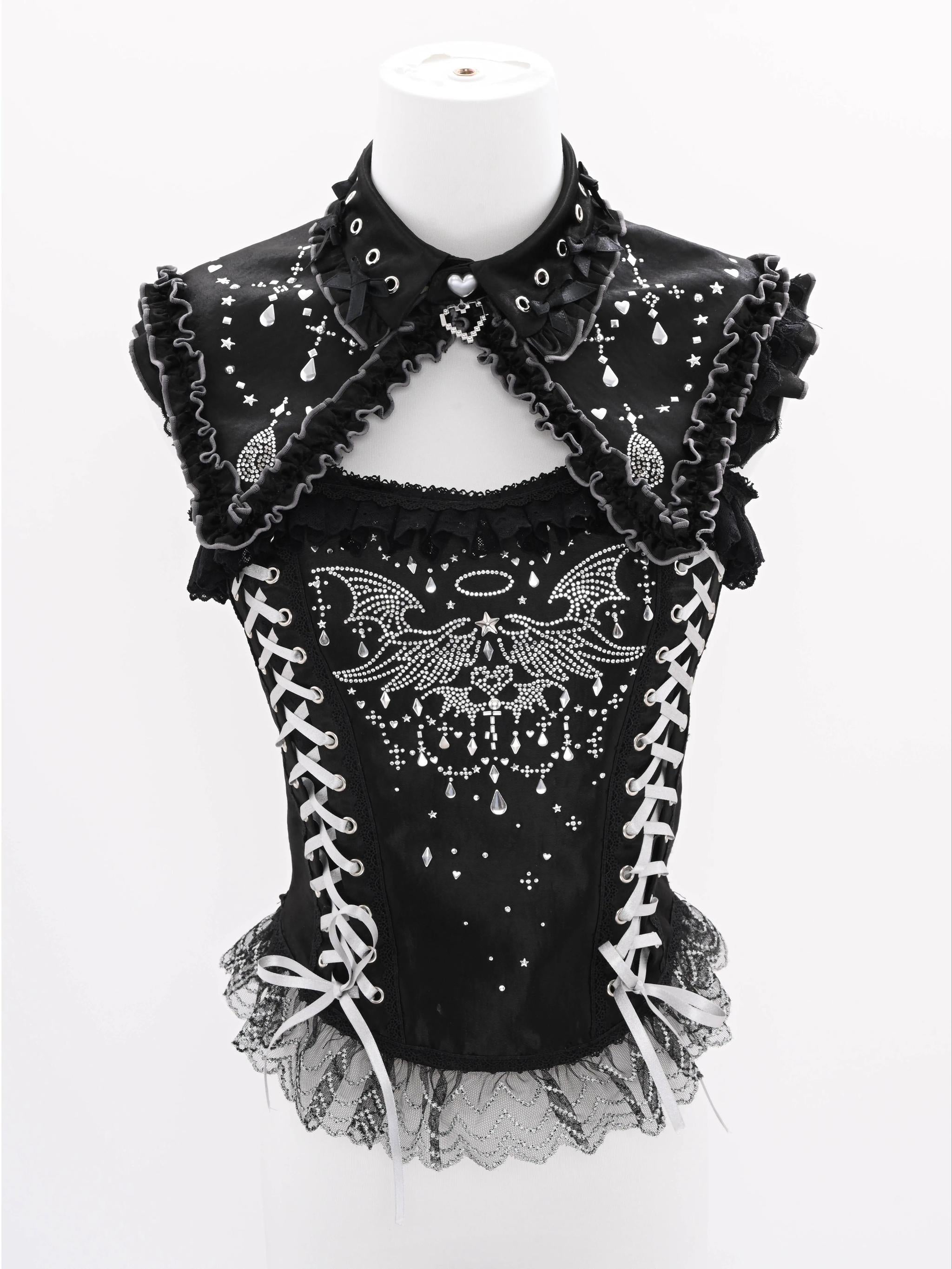 LustrE - Metallic Angel Black - Gothic Lolita Rhinestone Top & Ruffled Skirt Set 43991:791095