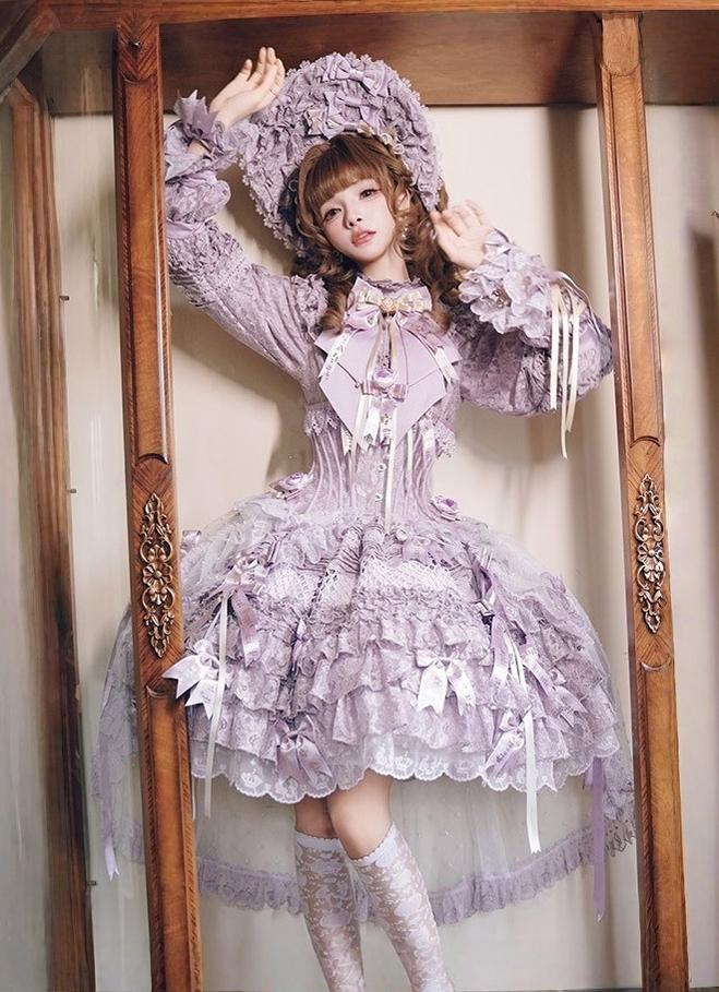 Forvever Purple - Purple Classic Lolita OP, Boning Corset (L M) 44357:806193