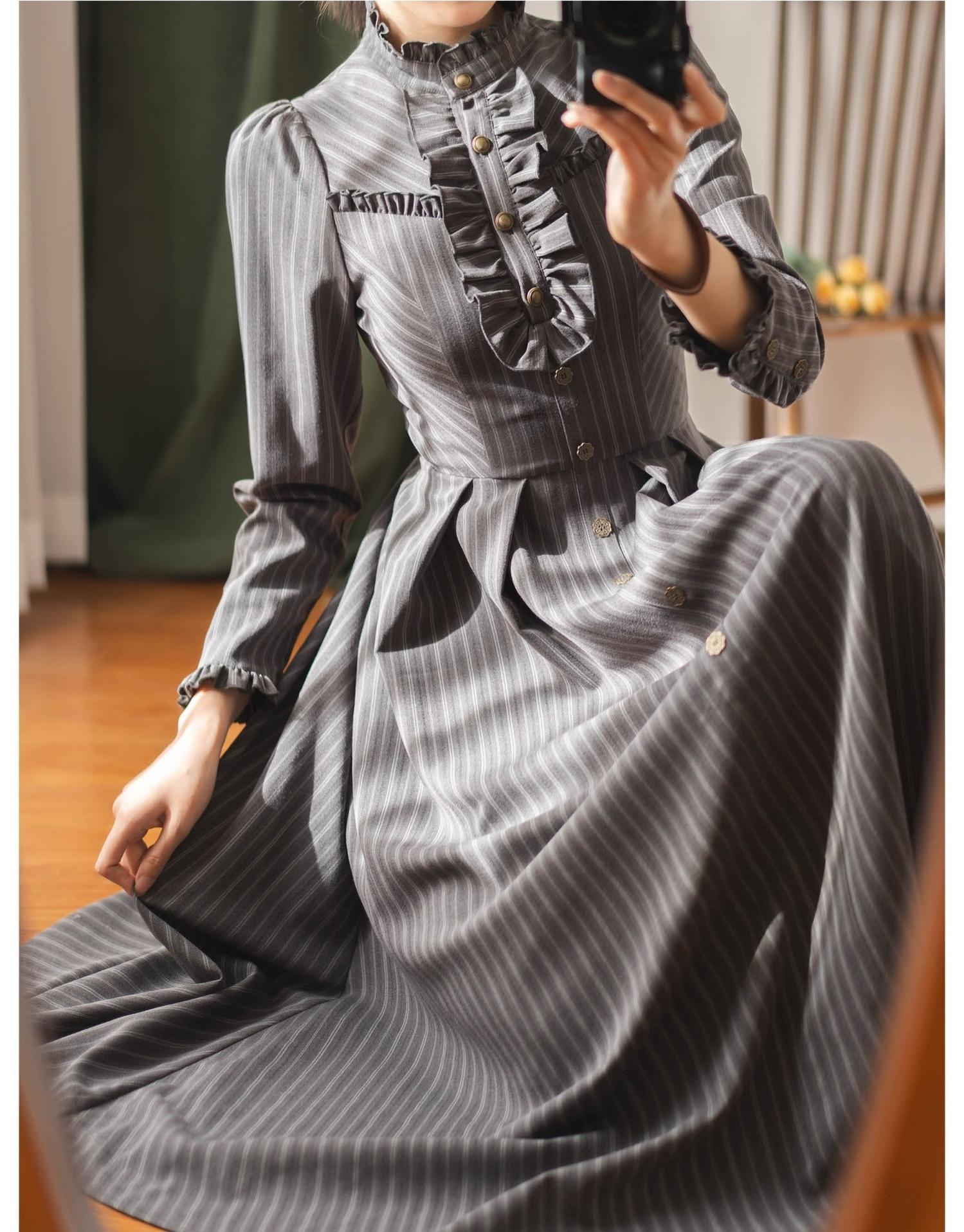 Forest Castle - Classic Lolita Long Striped Dress, Irregular Hem Vest 44441:809897