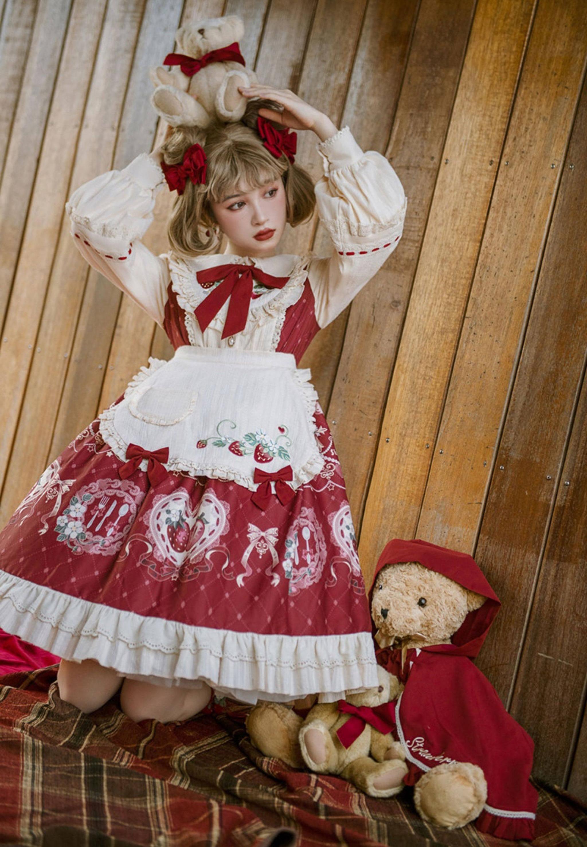 Strawberry Diary - Sweet Lolita Strawberry Print OP Dress with Cape