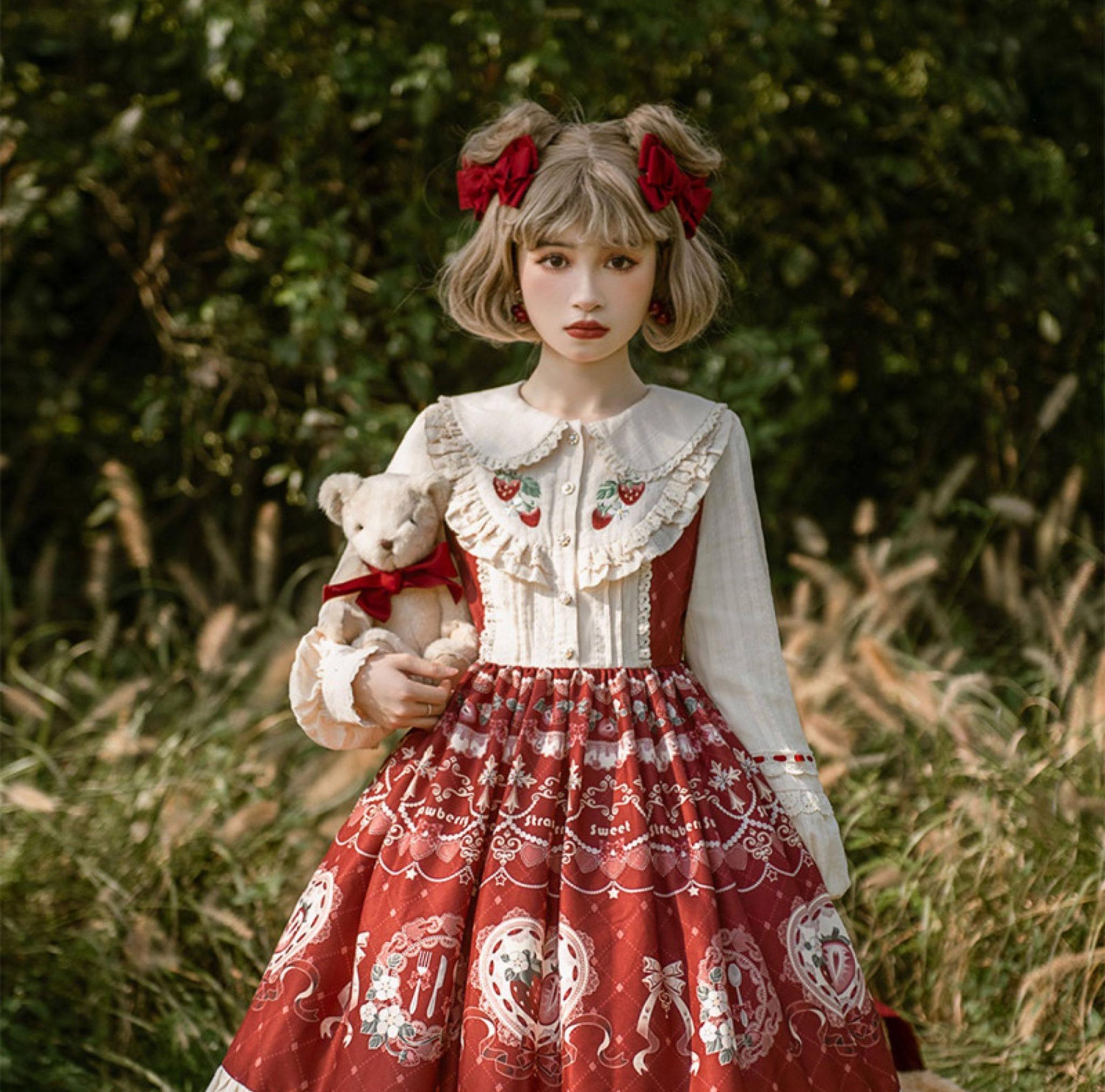 Strawberry Diary - Sweet Lolita Strawberry Print OP Dress with Cape