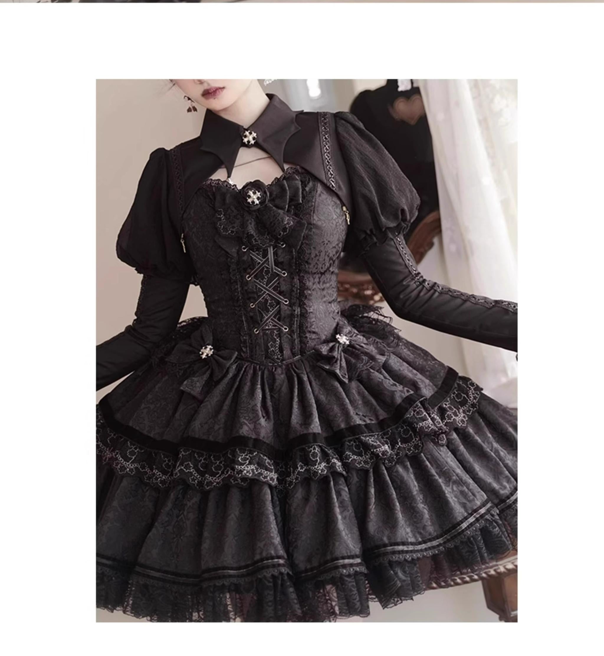 Forest Fluorescent Carps - Black Lady - Gothic Lolita JSK Dress Set S Black bolero