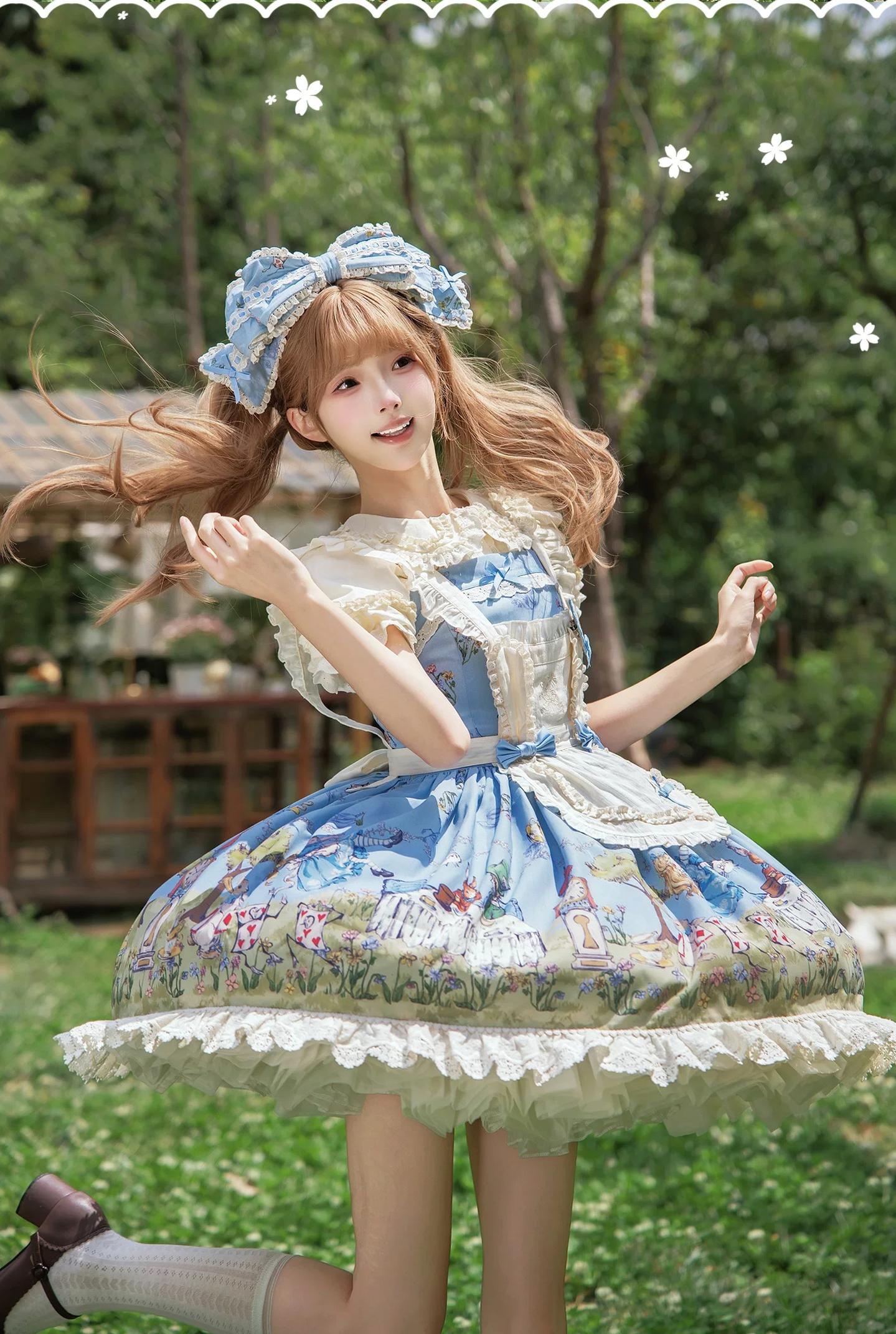 Alice - Sweet Lolita Cotton Lining Dress, Bunny & Clock Print