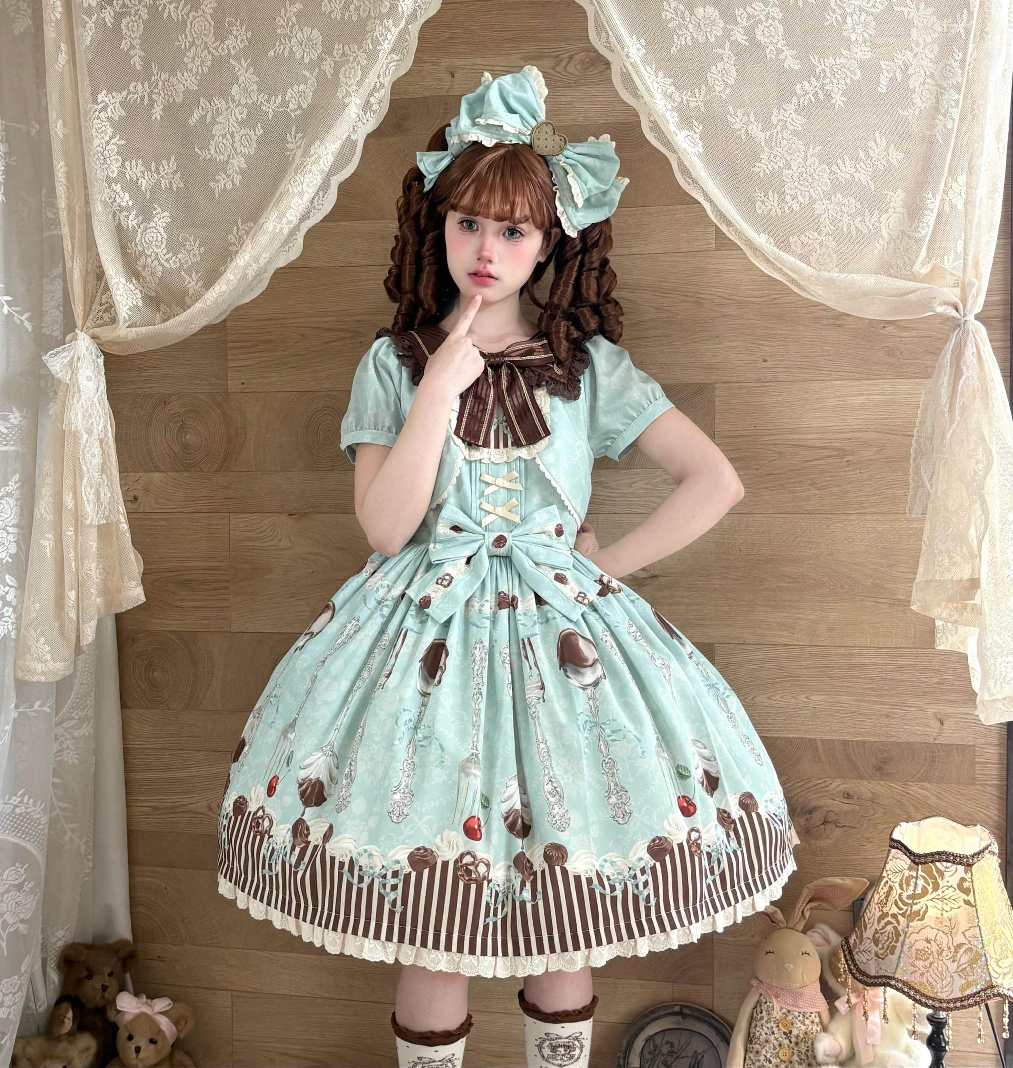 Dessert - Kawaii Lolita Sailor Collar OP Dress, Chocolate & Fork Print 44905:827116