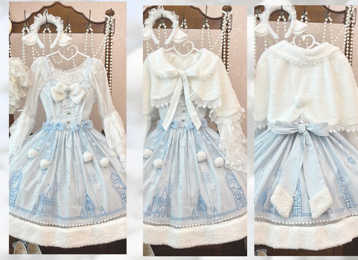 ZhiJinYuan - Snow Castle - Winter Sweet Lolita JSK Cape Dress, Blue Castle Print 44107:796474