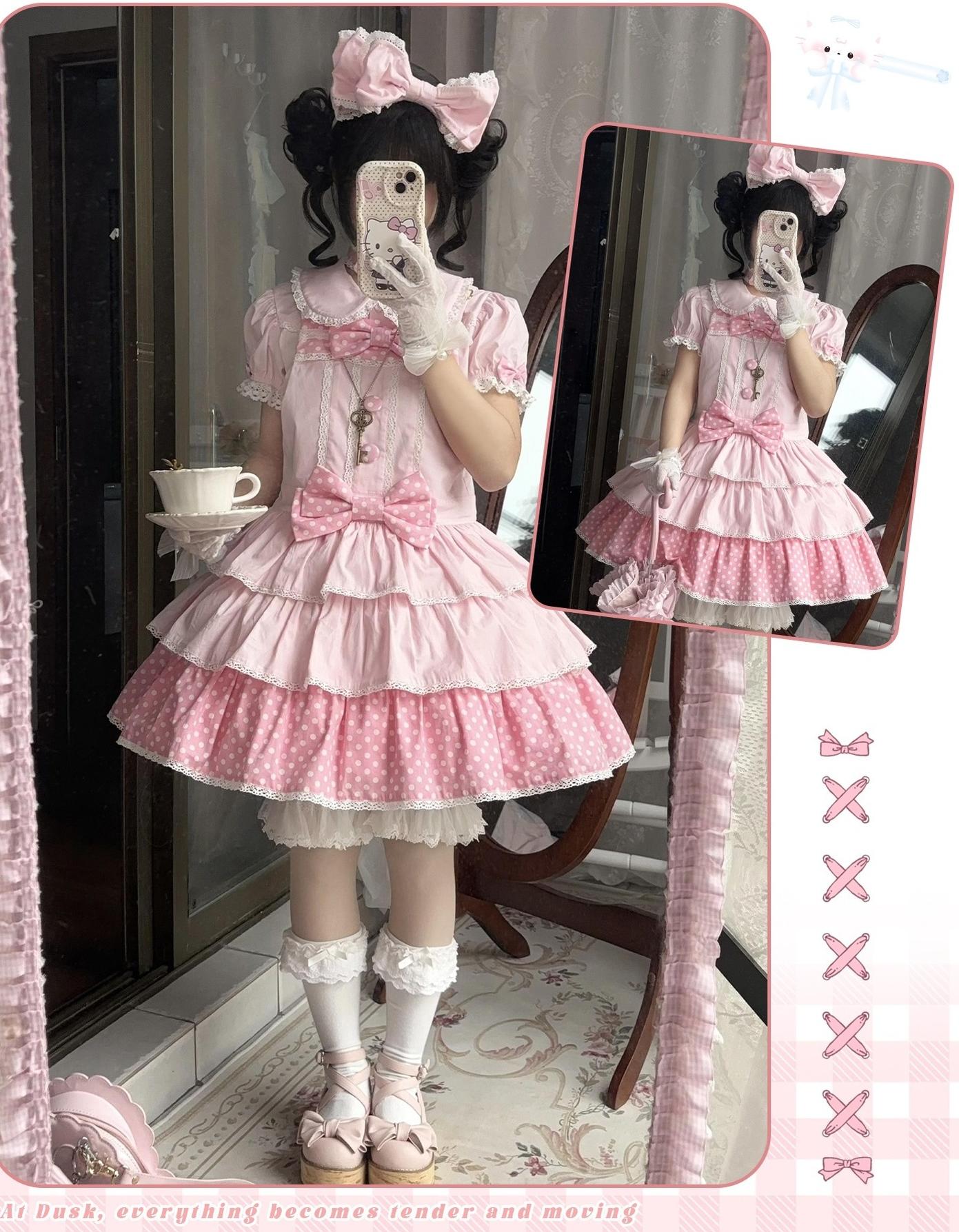 Sweet Dream Sheep - Polka Dot Tri-Hem - Cotton Sweet Lolita Salopette, Peter-pan Shirt