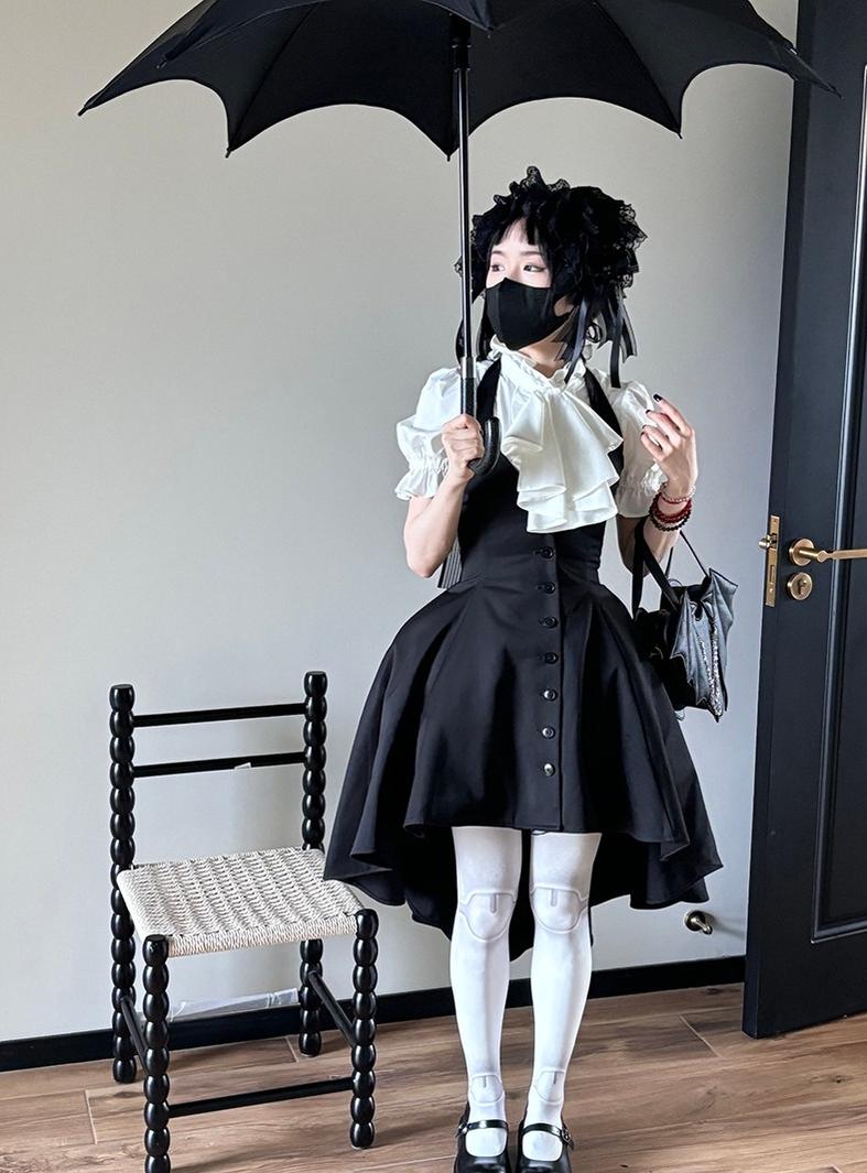 FlowerFairyDaily - Trace Night - Gothic Lolita Short-sleeved Shirt with Adjustable Waist