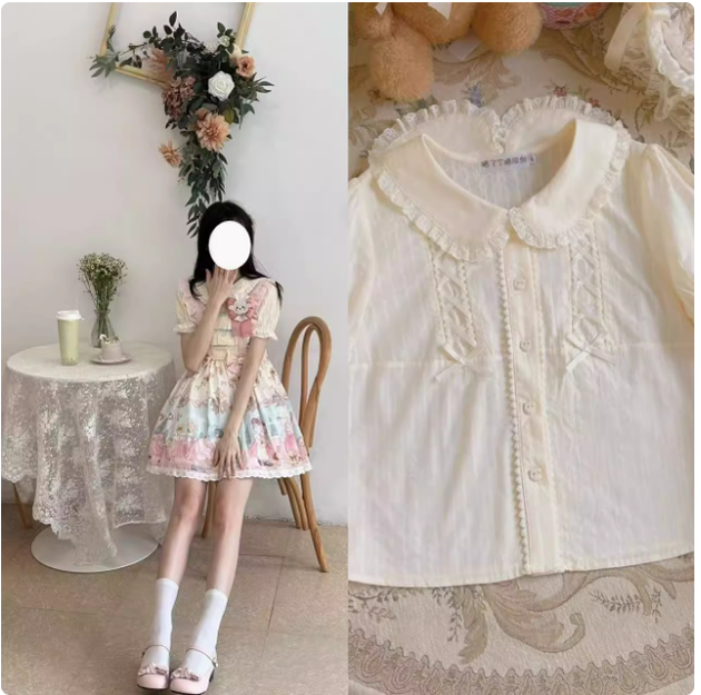 MeowMeow - Sheep Pattern Waltz Princess Lolita JSK Salopette S JSK + apricot shirt