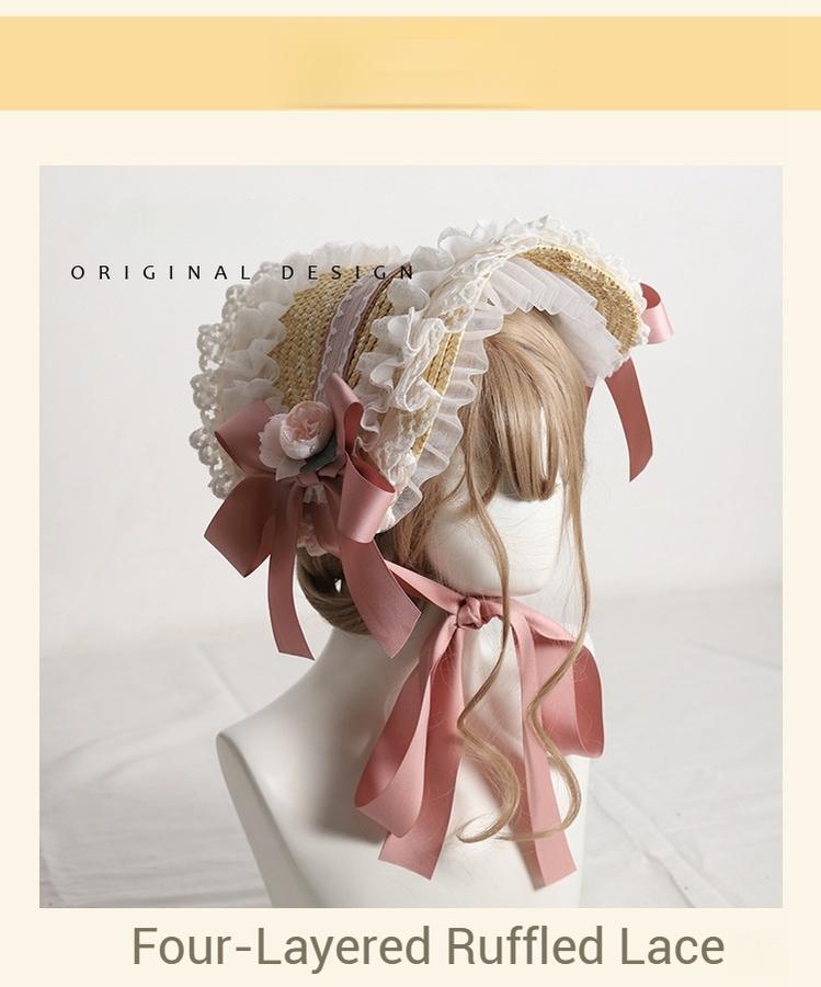 The Accessories' Story - Country Lolita Straw BNT, Ruffled Lace, Artificial Flower