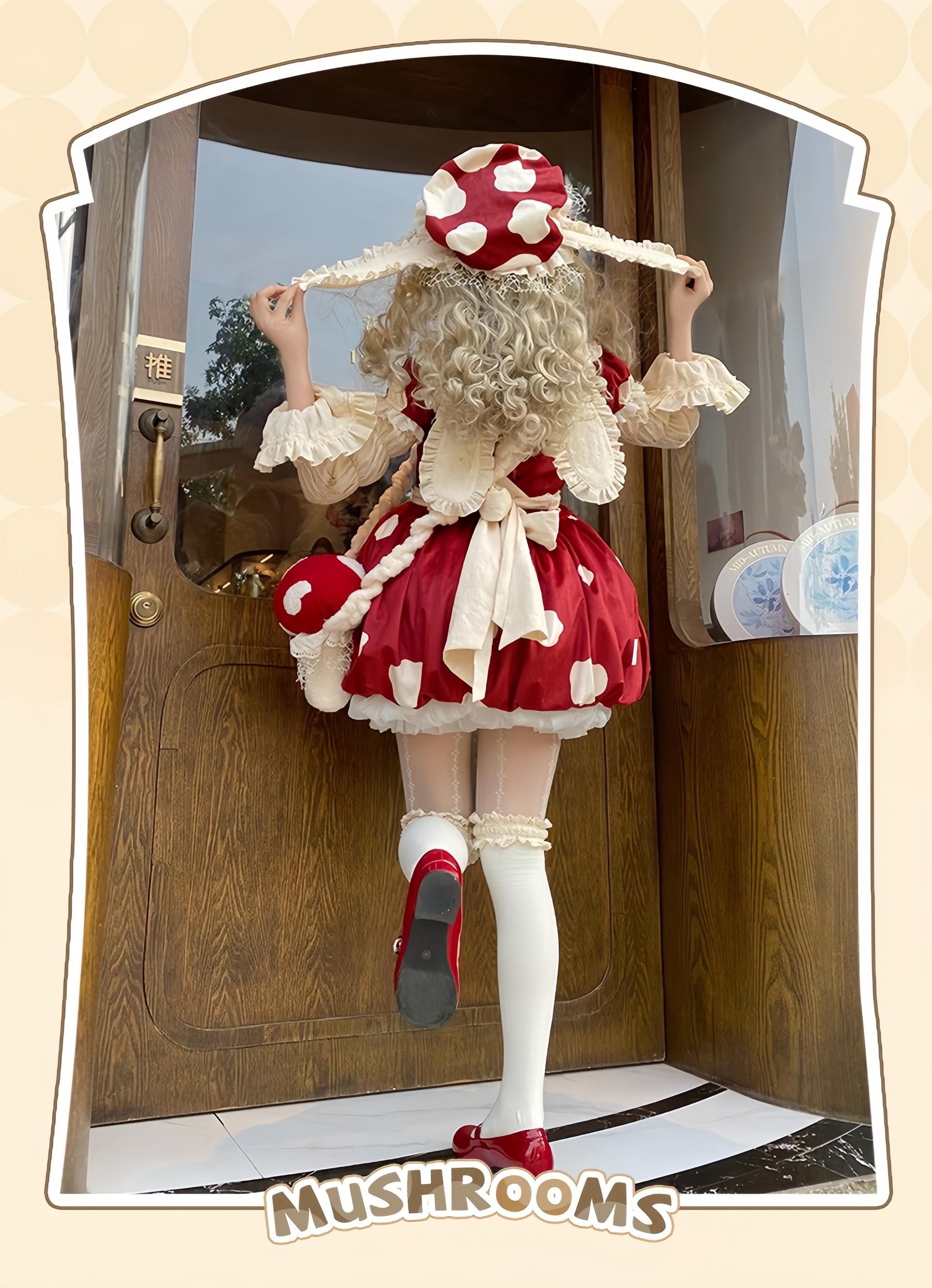 Sakurahime - Mushroom - Kawaii Lolita OP Dress with Apron and Detachable Sleeves