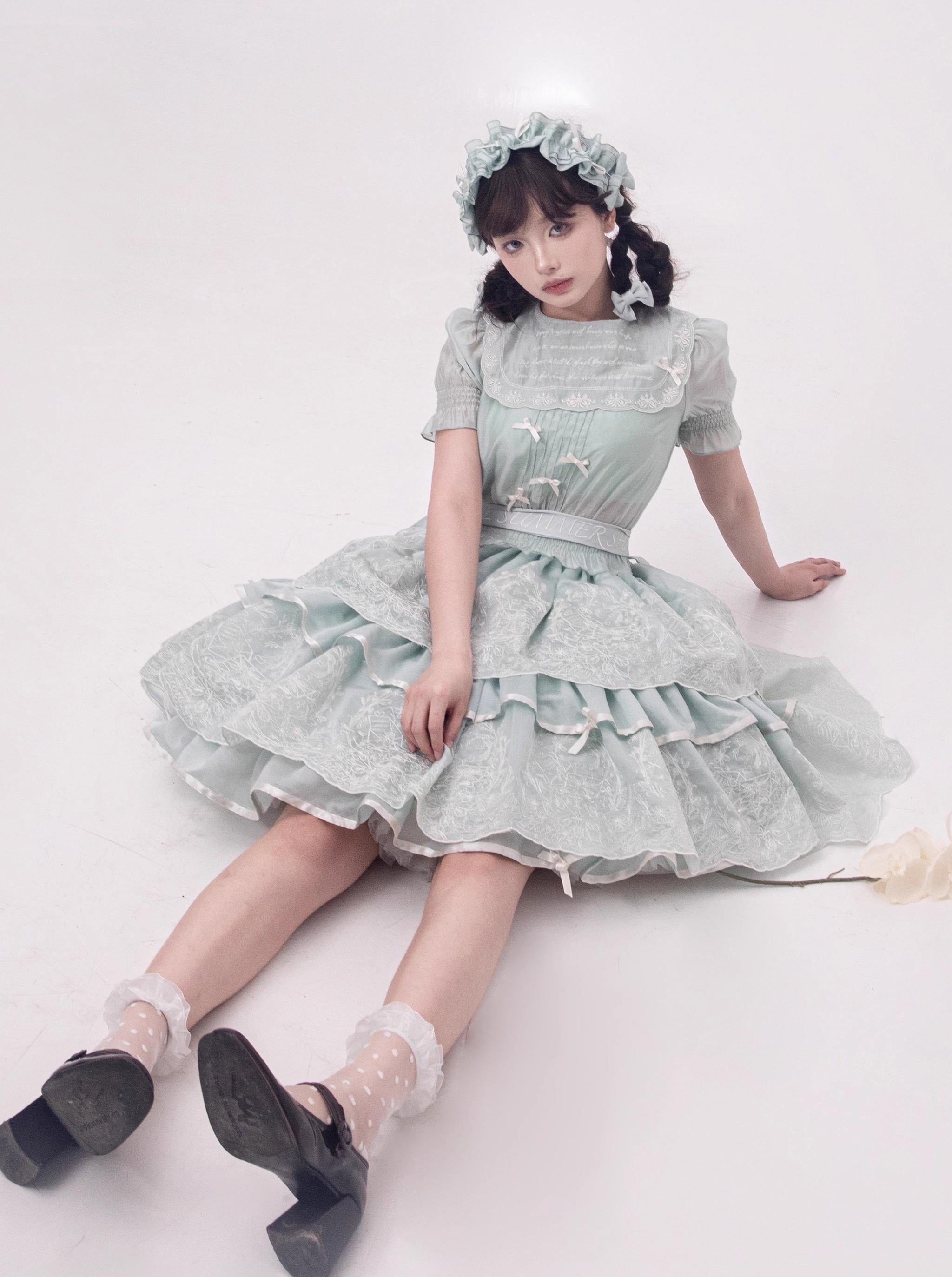 ZJstory - Sonnet Summer - Sweet Lolita Dress Set Embroidery Shirt Tiered Jumper Dress Mint green - Tencel shirt Only S