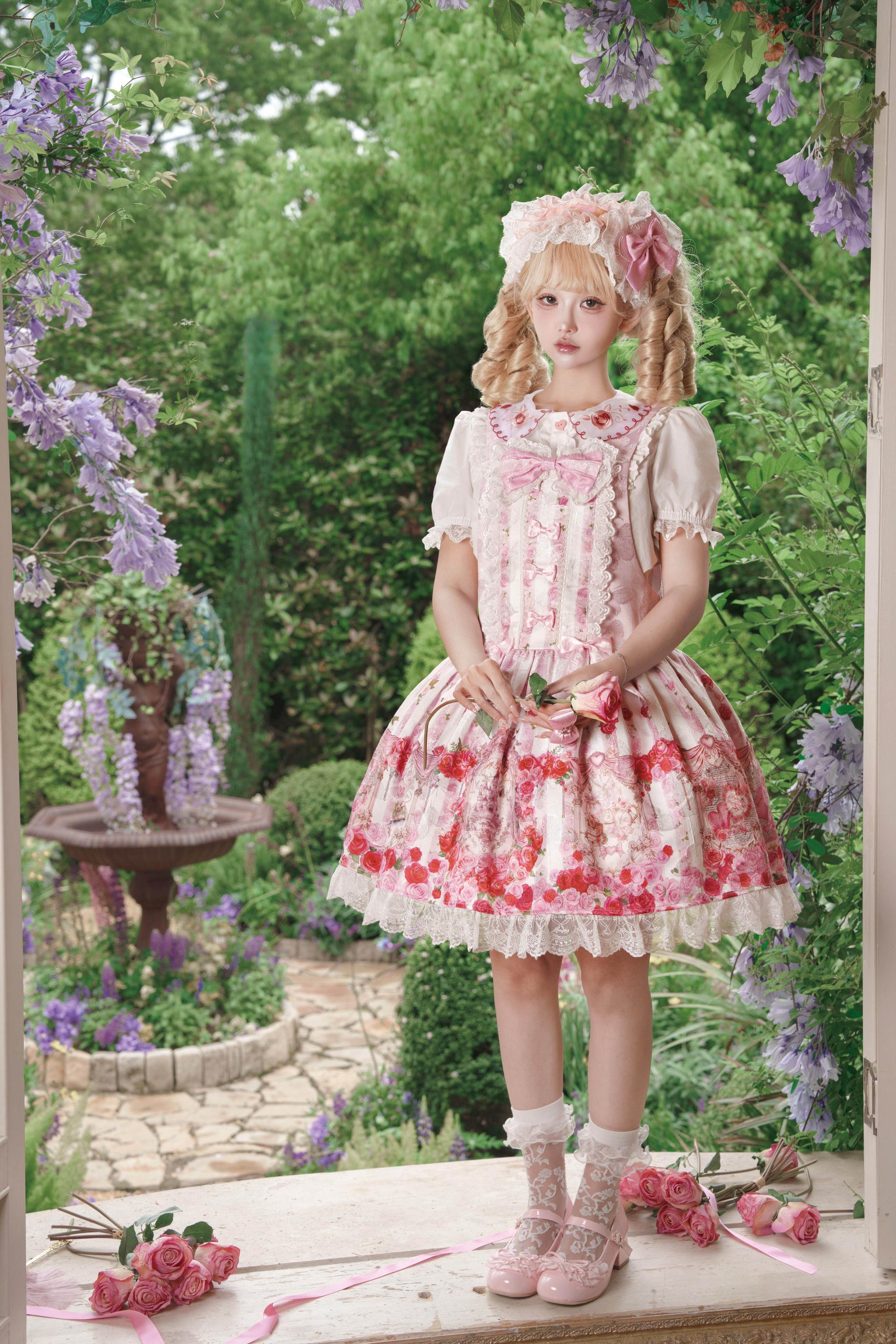 Rose Dream Isle - Sweet Lolita Rose Wall Print Dress, Embroidery & Bows