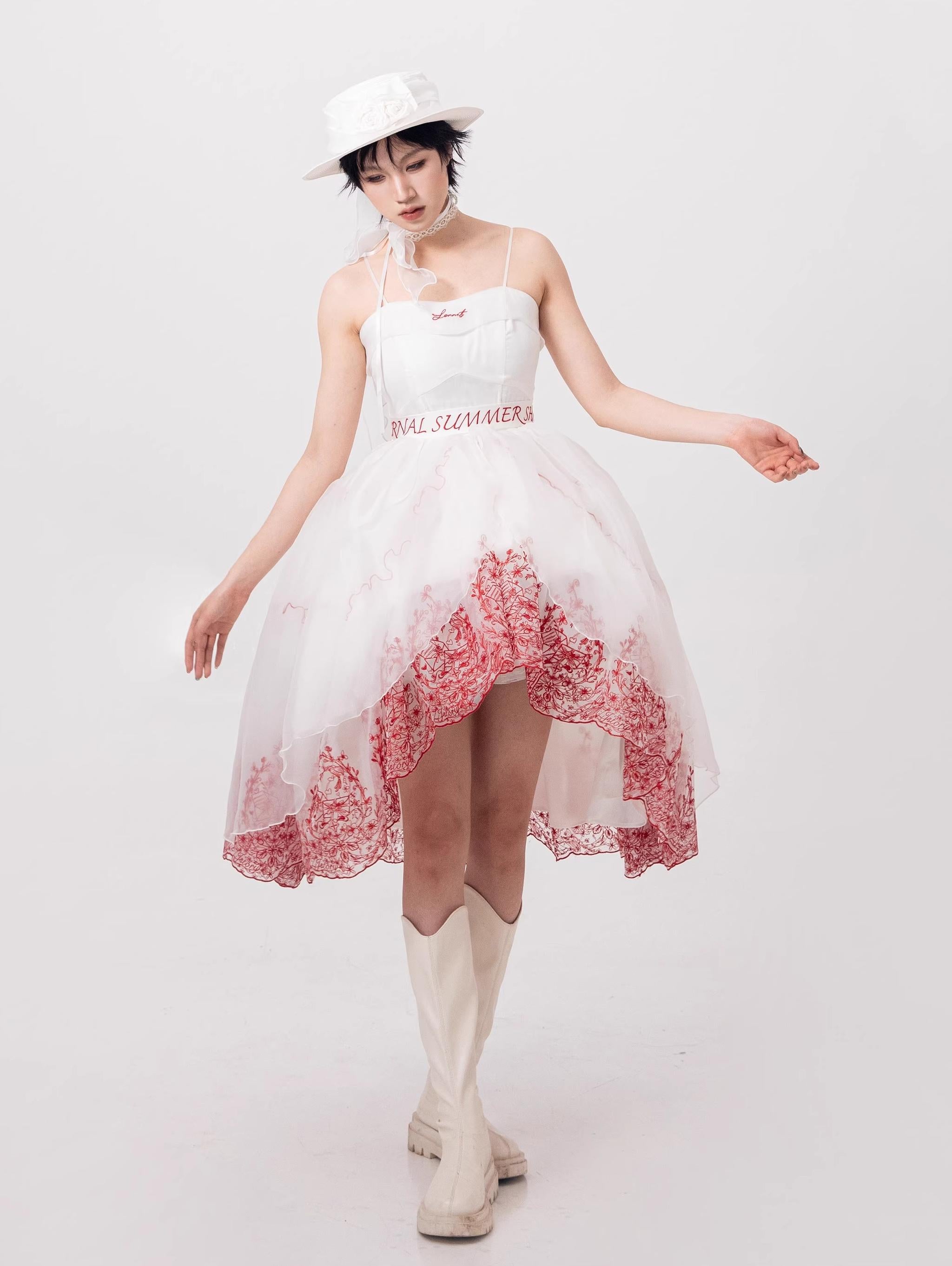 ZJstory - Sonnet Summer - Sweet Lolita Dress Set Embroidery Shirt Tiered Jumper Dress White - JSK Only S