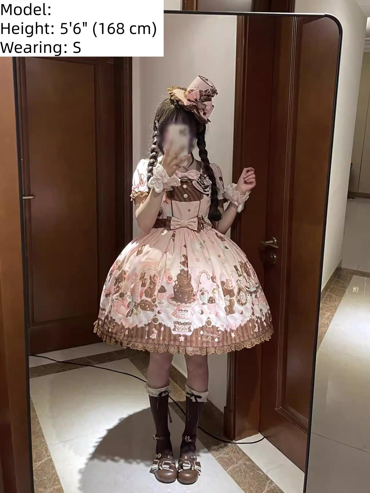 Chocolate Bunny - Printed Kawaii Lolita JSK, Short-sleeved Dress 44614:814974