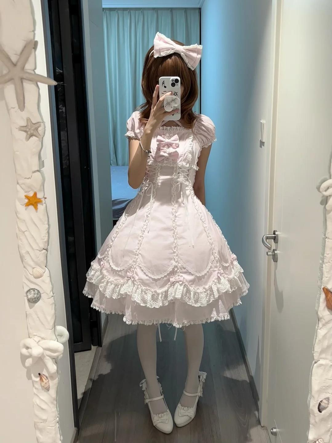 Cotton Old School Lolita Lace OP Dress, Three-tiered Back Pink-white KC Only S
