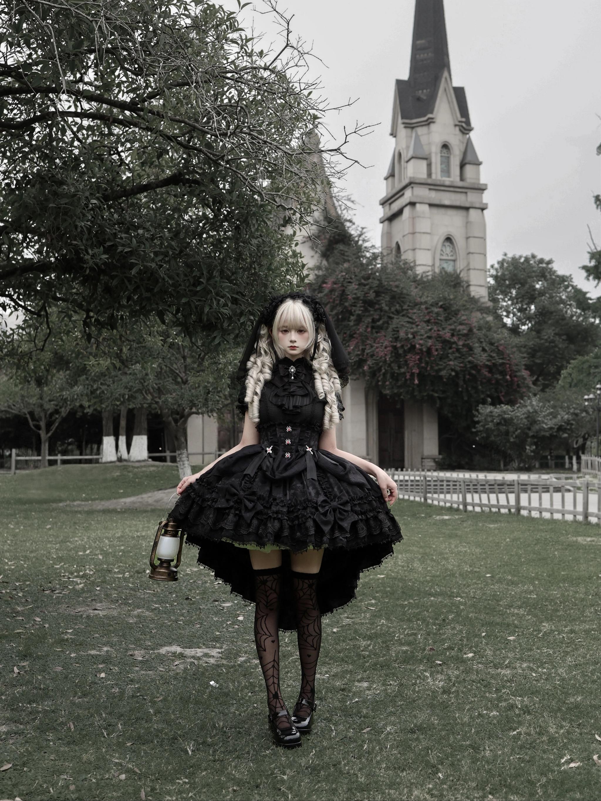 Spider Cross Knot - Gothic Lolita Skirt Set, High-low Hem and Fishbone Waist 45733:860169