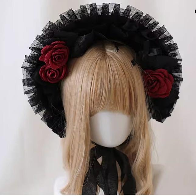 Xiaogui - Gothic Lolita Black Lace Flowers Bonnet