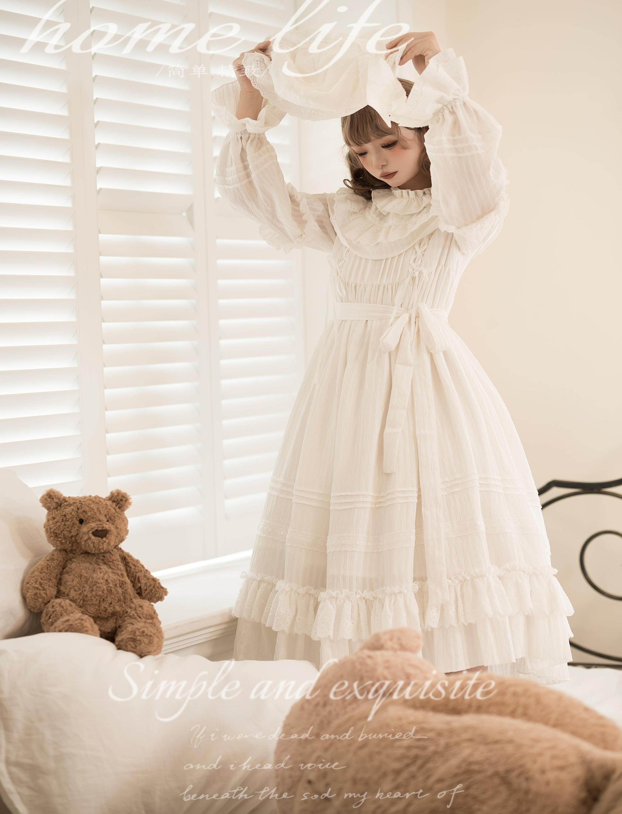 White Goodnight - Doll-like White Long Lolita OP with Ruffles 45535:852398