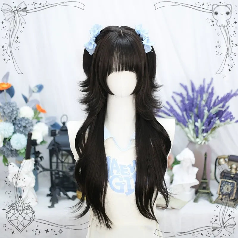 Dalao - Lily - Sweet Lolita Hime Cut Long Curly Wig for JK Girls Black tea with hairnet