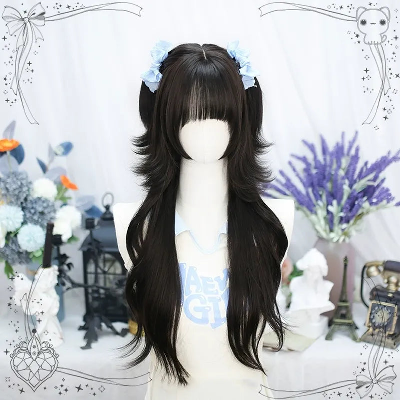 Dalao~Lily~Sweet Lolita Hime Cut Long Curly Wig for JK Girls Black tea with hairnet  