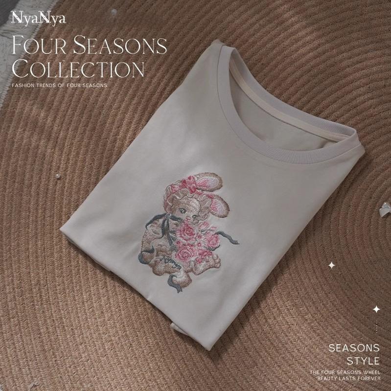 (BFM)NyaNya~Four Seasons Collection~Sweet Lolita T-shirt Summer Loose Fit Embroidered T-shirt S Gray - Rose Bunny (L M S) 36754:527618