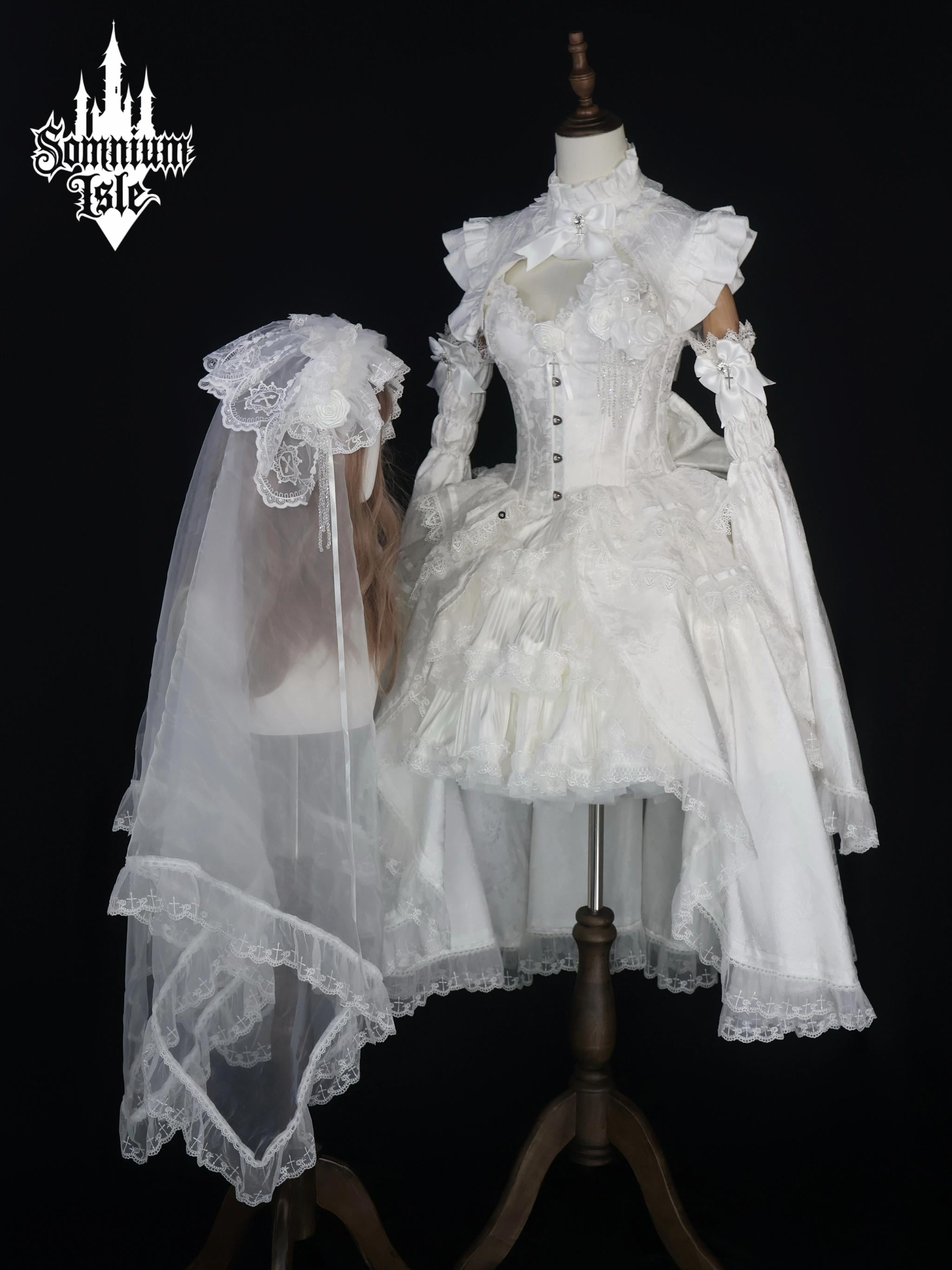 Dawn Sacrament - Striped Jacquard Gothic Lolita SK Dress, Boning Bodice White 8-Piece Full Set - Long XS