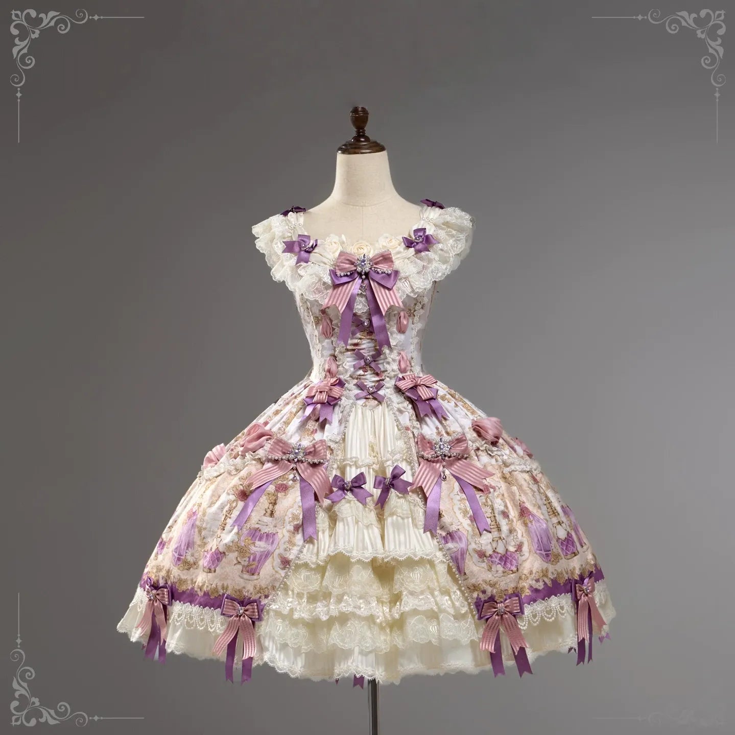 Antique Gem Fragrance - Gorgeous Classic Lolita Dress Set, Floral and Bottle Print (L M S XL XS) 45483:851753