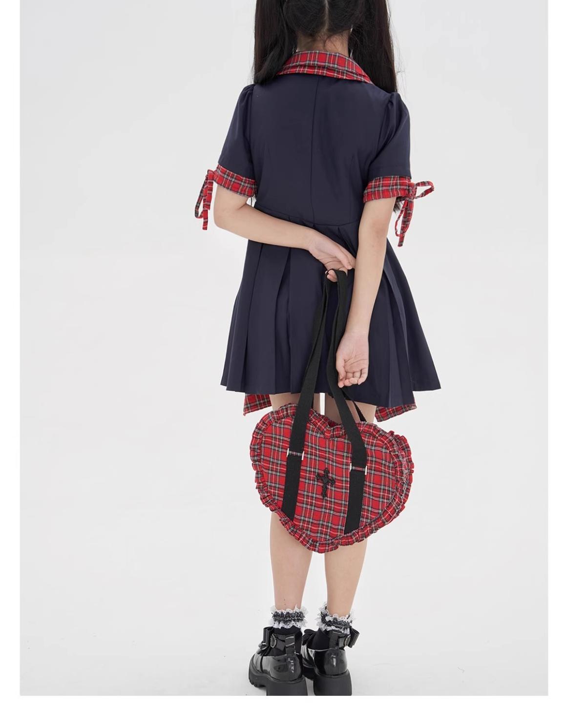 (BFM)Soso Meme Club~Vintage Lolita Heart Shaped Plaid Dot Print JK Uniform Bag 34908:471084