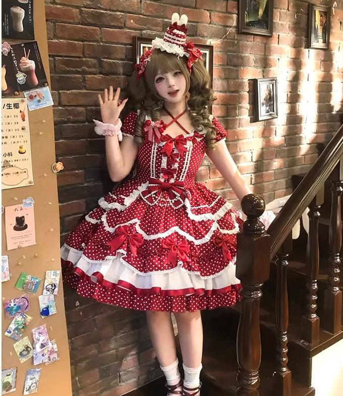 Berry Dew Drops - Red Old School Lolita OP Dress, Polka Dot Red OP Only S