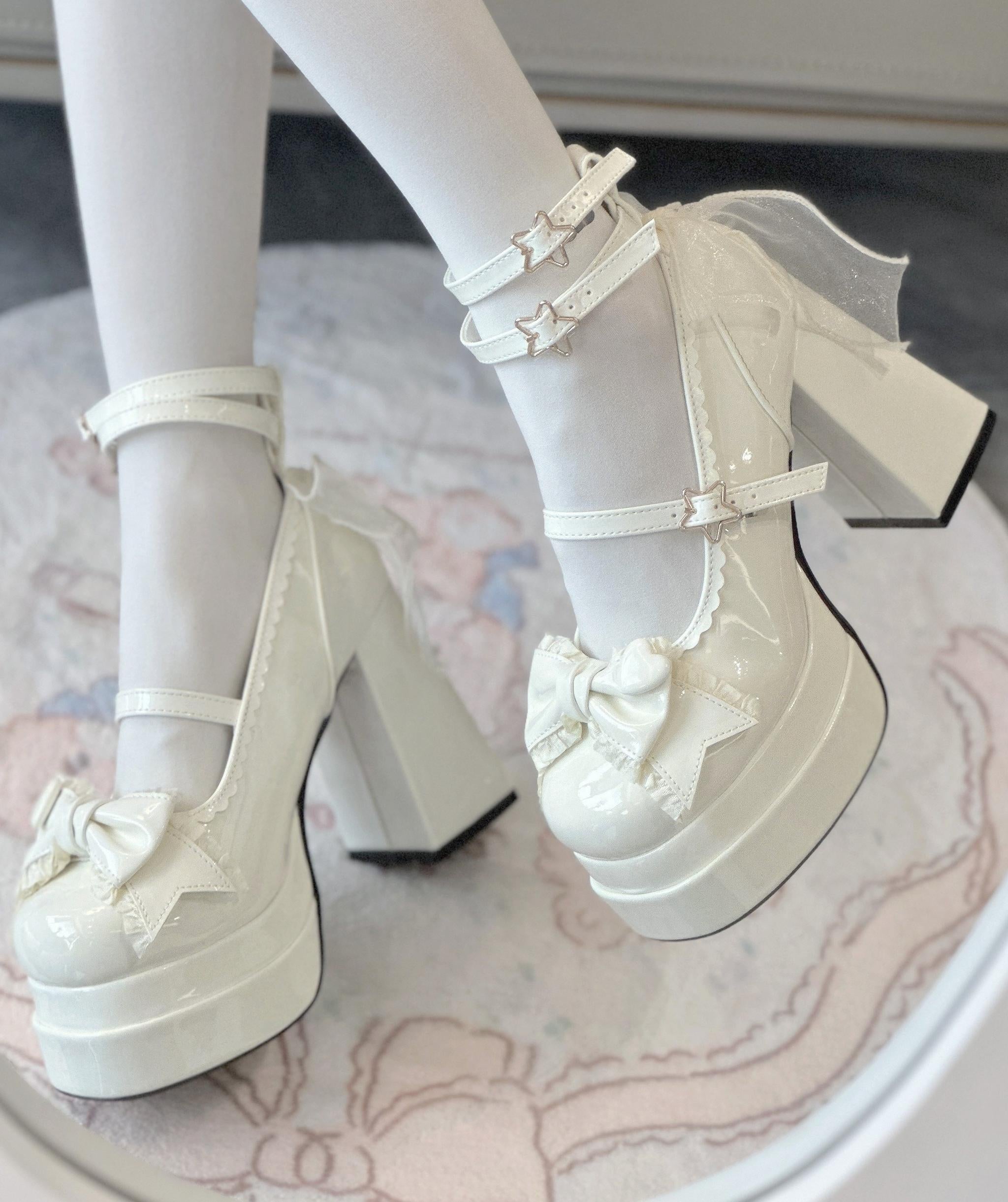 Puff Party - Elegant Lolita Chunky Heel Shoes, Bow & Straps White - PU Version 34