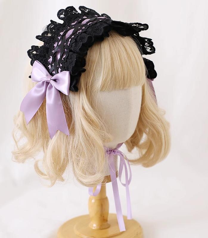Xiaogui - Gothic Lolita Headband Cat Ear Hairpin Light purple with black lace hairband