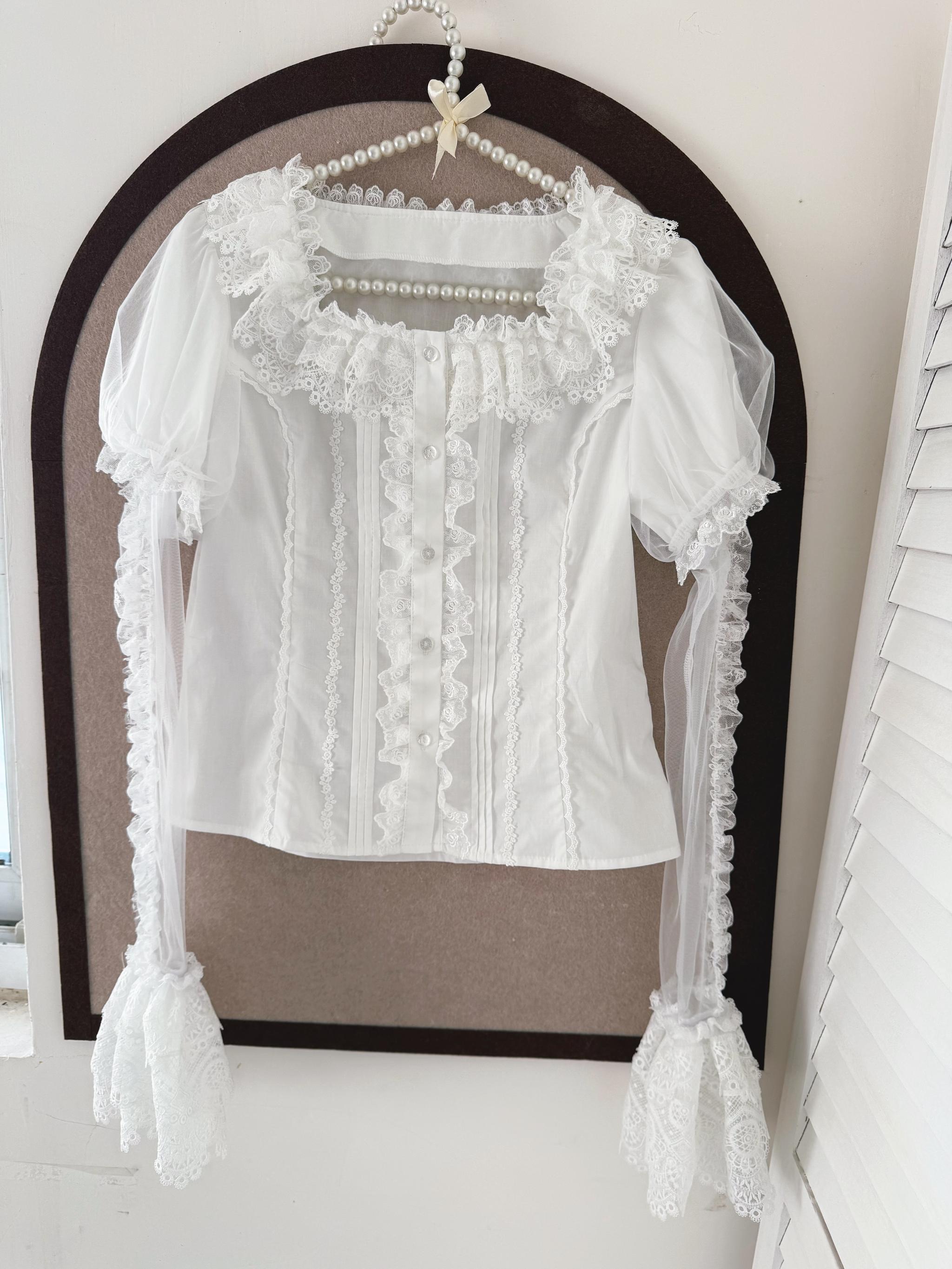 Frosted Starlight - Old School Lolita Blouse, Detachable Sheer Sleeves (White / 2XL L M S XL XS) 44613:814459