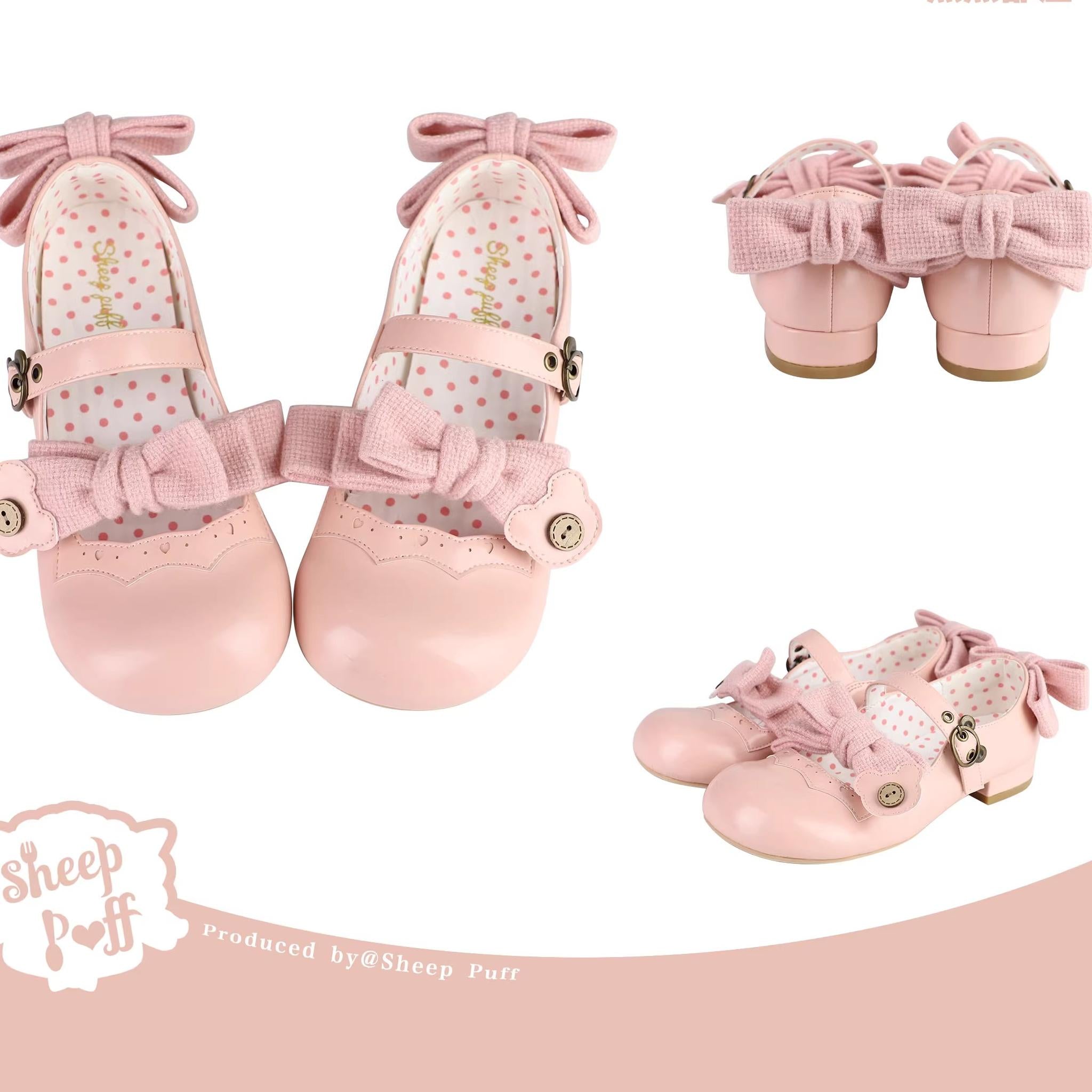 Sheep Puff - Bear Room - Sweet Lolita Shoes Double Bow Round Toe Flat Shoes pink 34