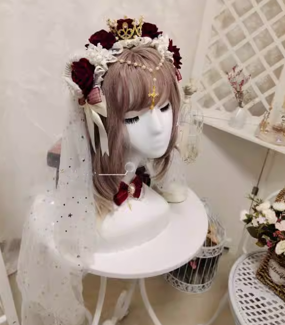 Yu Xixixi - Gothic Lolita Rose Crown KC with Veil Pendant Customized Red-white (golden crown)
