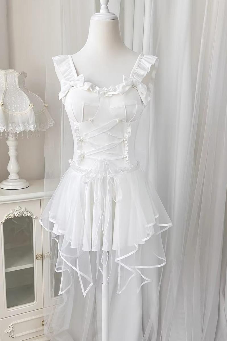 Your Princess - White Lolita Inspired Swimsuit with Pearls and Tulle Overlay One-piece white swimsuit only S