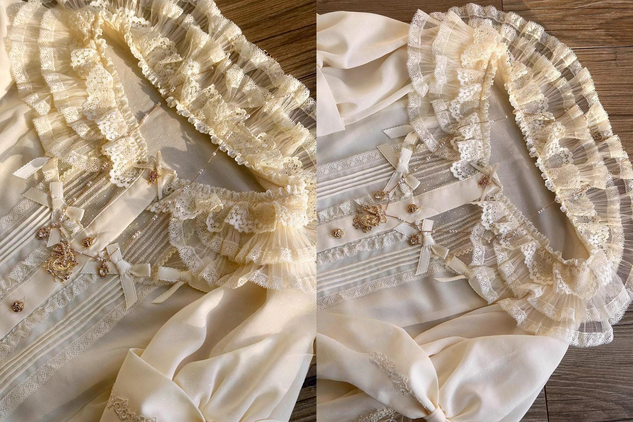 Butterfly Shadow - Elegant Lolita Hime Sleeve Blouse, Rose & Butterfly Button