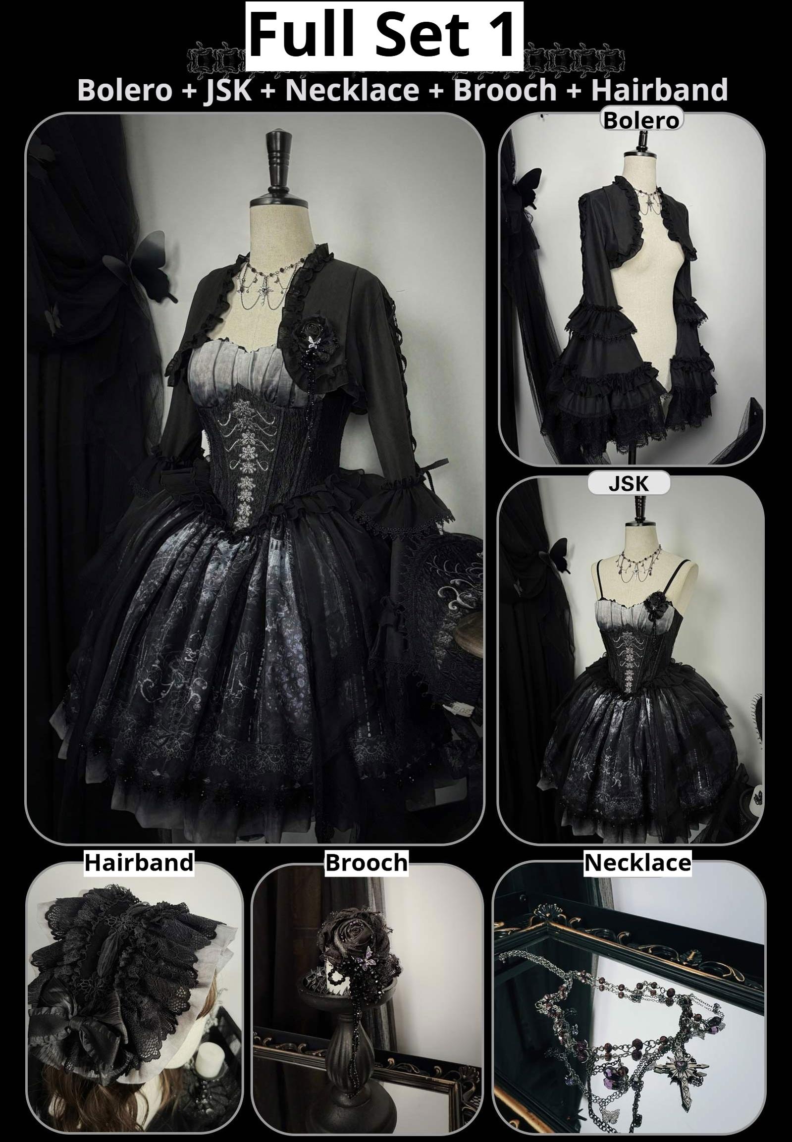 Bone-Eroded Butterfly - Gothic Lolita JSK & SK Set Full Set 1 (Bolero + JSK + Necklace + Brooch + Hairband) S