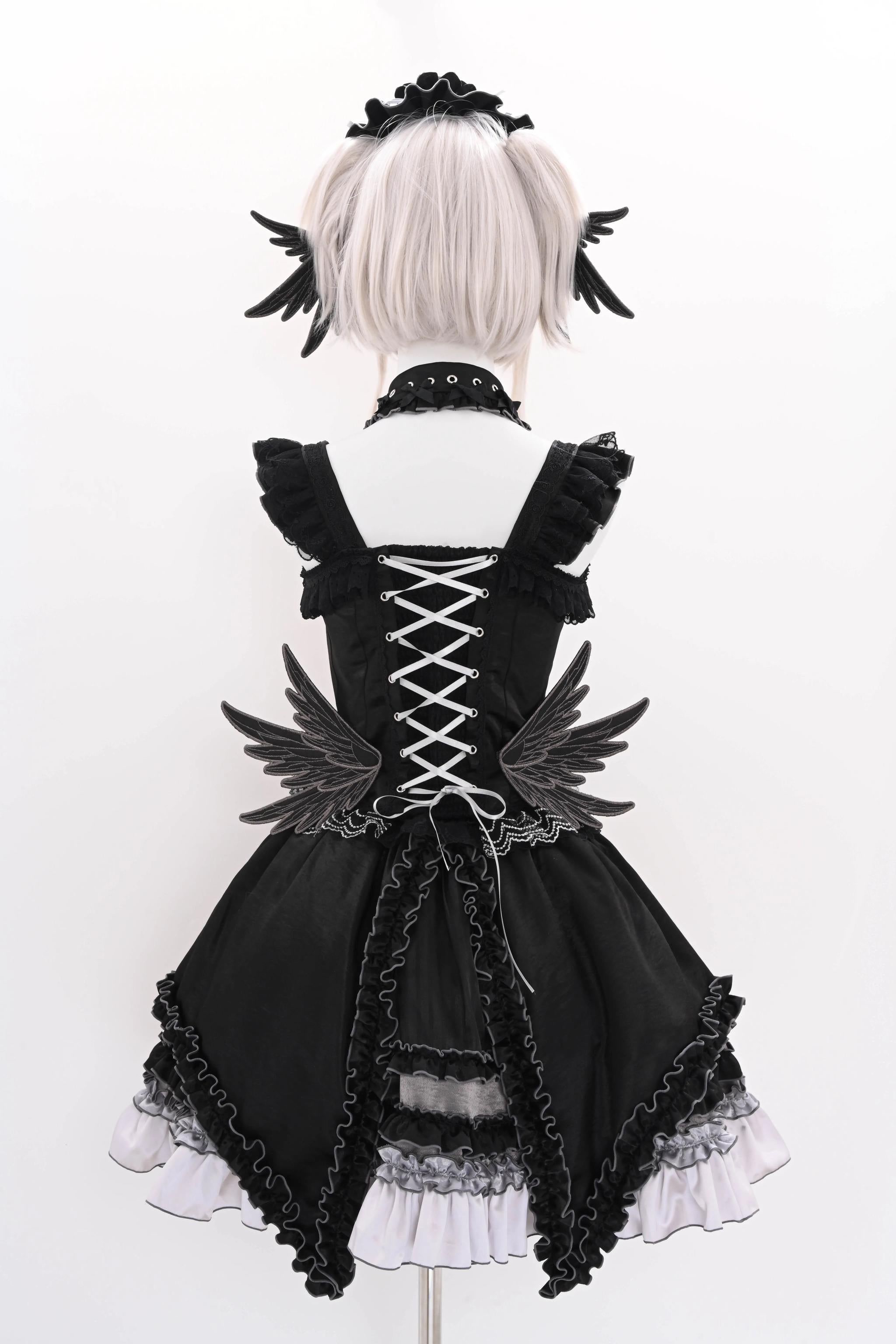 LustrE - Metallic Angel Black - Gothic Lolita Rhinestone Top & Ruffled Skirt Set 43991:791090
