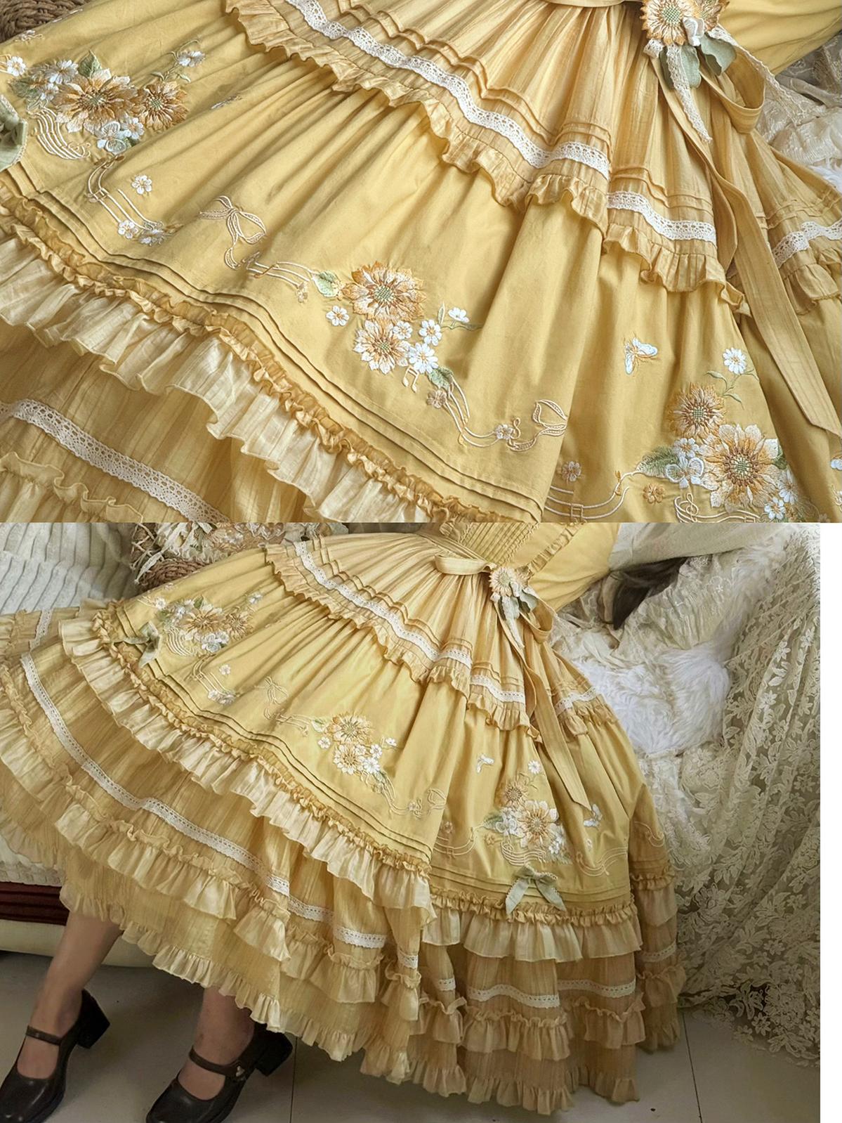 Moonlight Amber - Sunflower - Embroidered Country Lolita Dress, Tiered Skirt