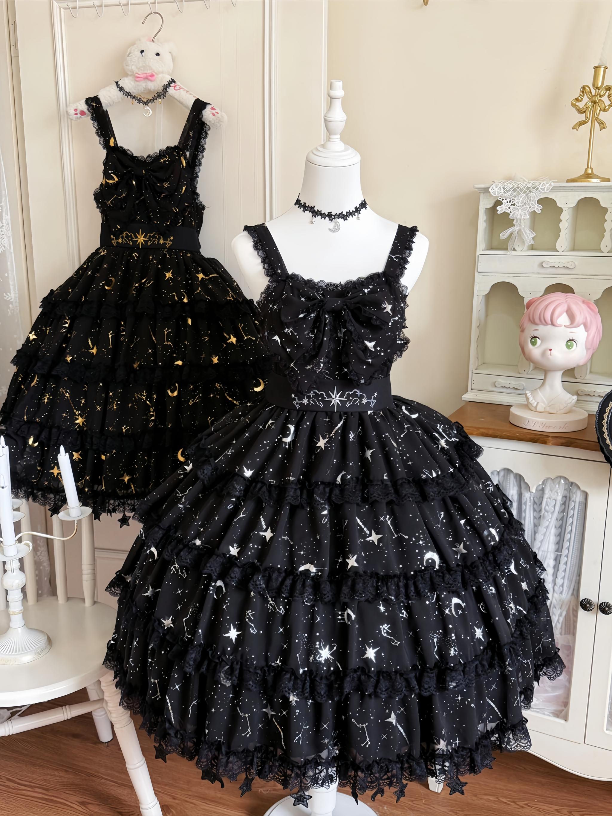Twin Stars - Classic Lolita Chiffon JSK Dress, Star & Moon Stamping 45764:861319