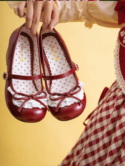 Sheep Puff~Little Leila~Kawaii Lolita Shoes Round Toe Flat Shoes 34 Red low heel-2.5cm 